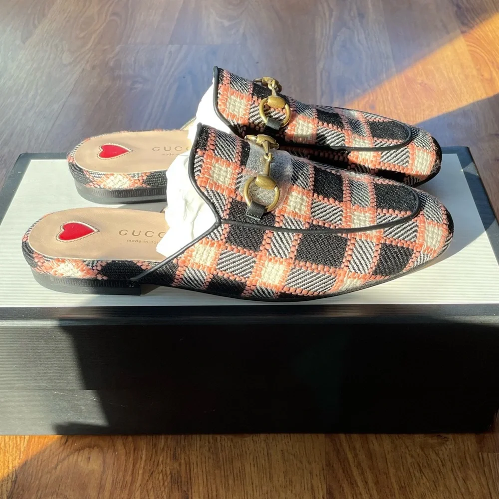 Gucci Princetown Pink Plaid “Fancy Tweed” Loafers Mules Size 35 EU / 5 US NIB - Picture 1 of 7